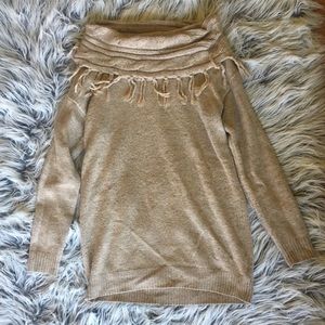 Tan Cowl Neck Tassel Sweater